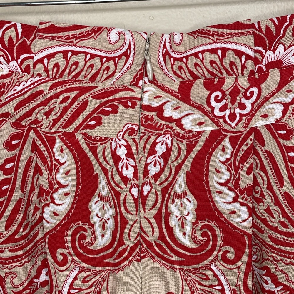 LIZ CLAIBORNE Skirt Red & Tan Paisley Paper Bag Waist Attached Belt Rayon - Picture 3 of 11